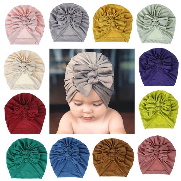 Multi Colors Kids Whrink Bow Hat Solid Color Beanie Crochet girls Cute Hat