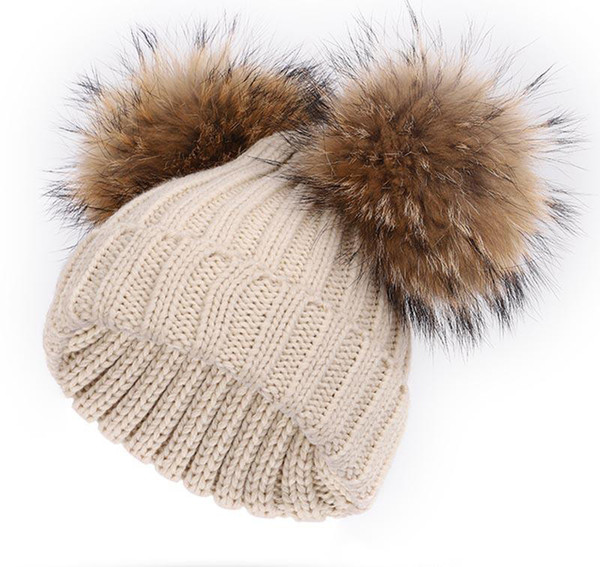 New Winter baby Knitted Hat Two real Fur Pompoms Ball Beanie Kids Caps Double Pom Pom Hat