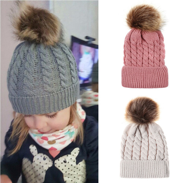 Baby Crochet Caps Kids Fur Ball Twisted Knitted Hats Imitation Braid Hair Ball Wool Cap Children Winter warm Hat 9 Colors Accessories M559