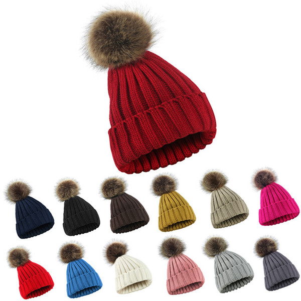 Fur Pompom Hat Winter Knit Beanie Hats Unisex Warm Caps Elasticity Knitted Cap Thick Warm Solid Color Skullies Beanies GGA2584