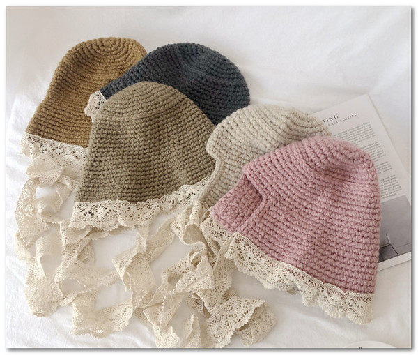 Fall winter new Kids crochet hat girls lace hollow floral embroidery falbala princess hat children lace lace-up Bows knitted beanie J0894