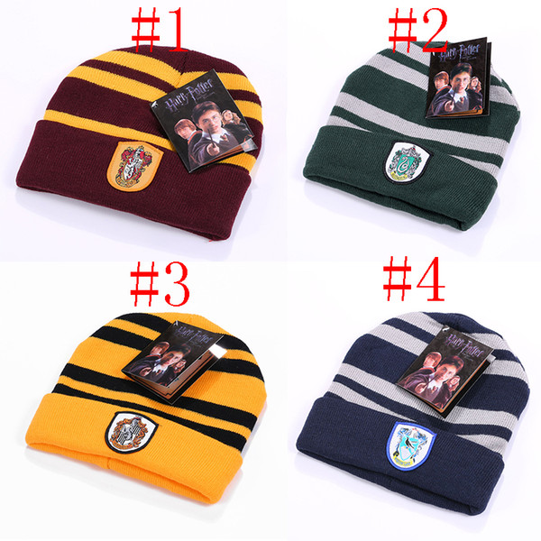 2019 Harry Potter Hogwarts Beanie Hat Gryffindor Slytherin Hufflepuff Ravenclaw Cap Warm Knit Hat Cosplay School Striped Badge Hats 3pcs