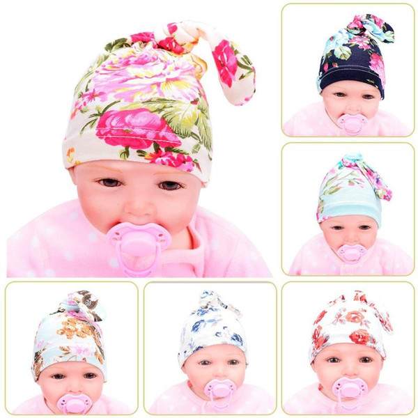 Cute Boys Girls Knotted Hat Flower Print Newborn Baby Beanie Cap Casual Children Head Wear Infant Hat Decoration Accessories Gif