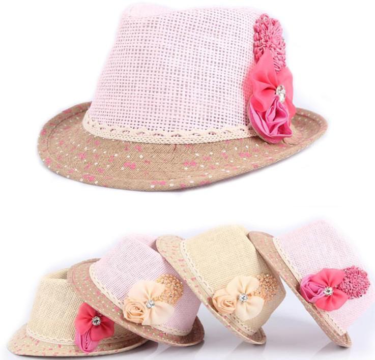 New baby Flower Caps Baby Hat Kids Straw Fedora Hat Girls Sun Hat Jazz Cap