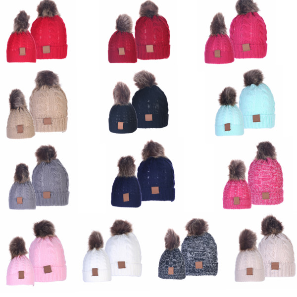 13COLOR Parent-child Knit Cap Beanies Baby Moms Winter Knitted Hats Warm Crochet Skulls Caps Outdoor Pom Pom Beanie Hats GGA3060