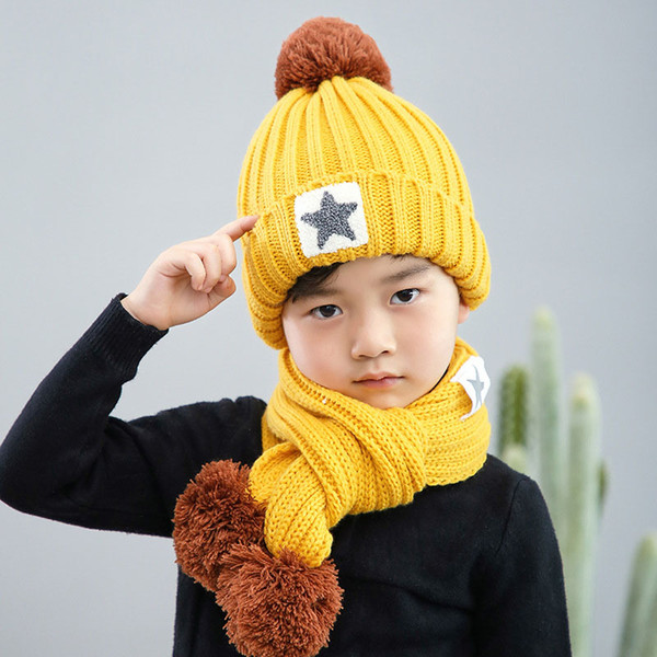 Kids Winter Hats Scarf Sets Winter Knit Warm Pompom Boy Caps Baby Girls Autumn Winter Knitted Hat 07