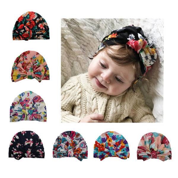 New Baby Hat Floral Print Caps Big Bow Cotton Turban Knot Hats Head Wraps India Bow Hats Kids Children Headwear Hair Accessories BH47