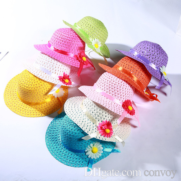 2018 Lovely Sunflower Flower cap Children sunhat baby girls Casual Beach Sun Straw Hat Straw Handbag for kids 18 colors BH87