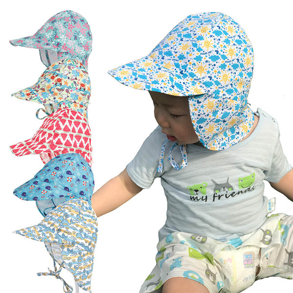 Summer Newborn Sun Cap Floral Unisex Baby Kids Bucket Hat UV Protection Hat Outdoor Soft Beach Hat Neck Ear Cover Flap Cap BH128