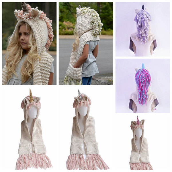 Kids Unicorn scarf cap 2 in 1 children Infant Warm Knitted Hats warmer Winter Beanie Hat Tassels cape cap christmas gift 7 Colors 5pcs