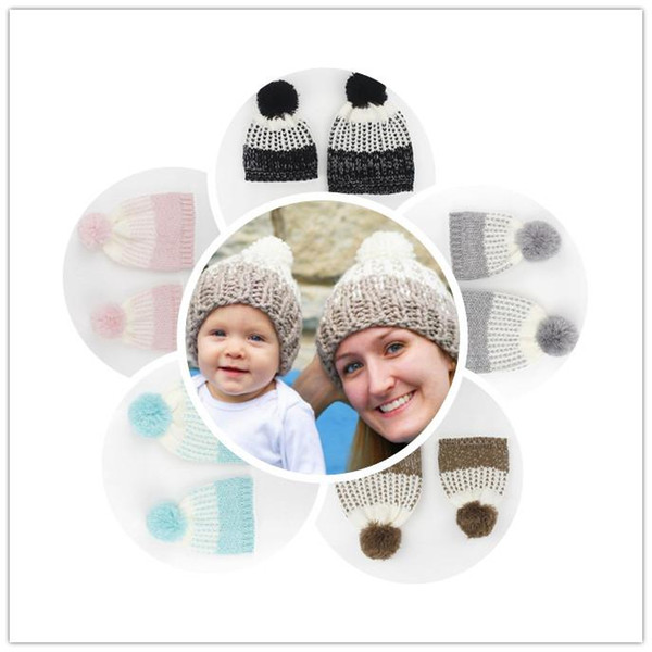 2pcs Cotton Winter warm baby Girl hat Boy hat caps Unisex Lovely Winter Kids Knitted Parent Knit Hats child Mom Cap Xmas Gift