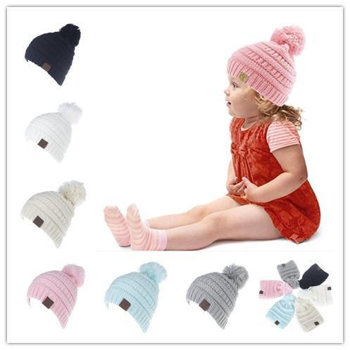 Children CC Beanie Christmas Knitted Hats With Ball top 6 colors Winter Chunky Crochet Outdoor hat 2017 Pink Black beige Fedex