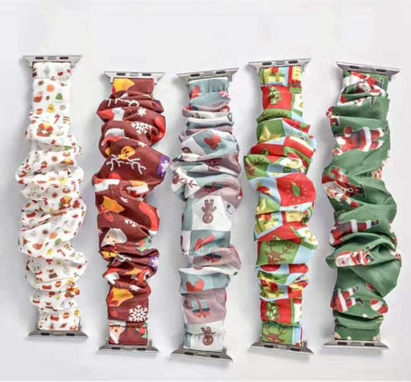 5 Colors Christmas Children's Watch Scrunchie Bands 38mm 42mm Elastic Scrunchies Bracelet Santa Claus Print Watch Belts Straps M814