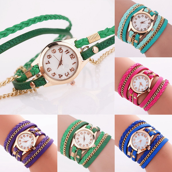 Braided Bracelet Watch 11 Colors Vintage Braided Weave Wrap Quartz PU Leather Wrist Watches Lady Watch Clock LJJO7560