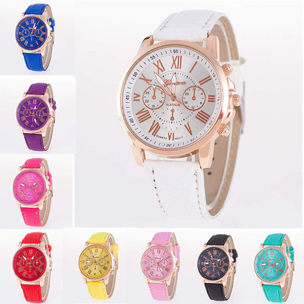 Unisex Luxury Geneva PU Leather Quartz Watch Men Women Fashion Roman Numerals Analog Colored Wristwatches Casual Dress Wrist Watches 15color