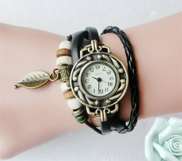 Retro Women Men PU Leather Wristwatches Vintage Quartz Dress Watch Bracelet Wristwatches leaf Pedant Braid Band Watch Gift Jewelry 2019