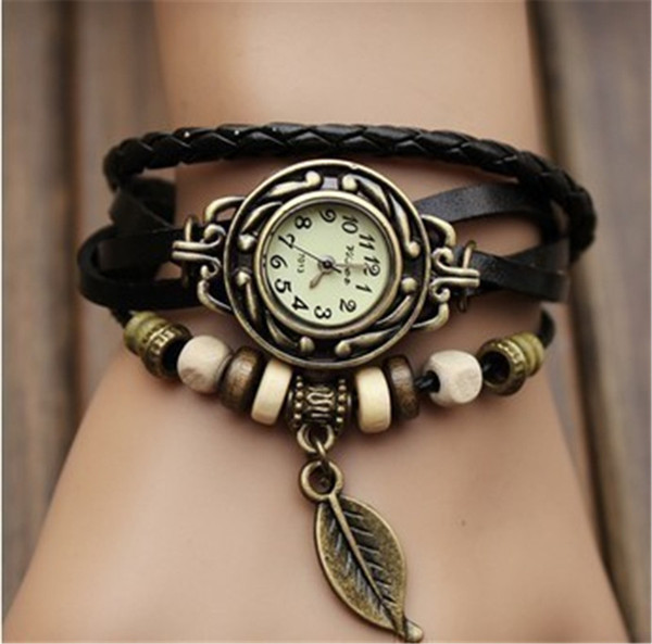 Retro Quartz Bracelets Watches Leaf Pendant Leather Strap Dress Wrist Watch Bangle Vintage Weave Wrap Wristwatch Women Men Knit Watches Gift