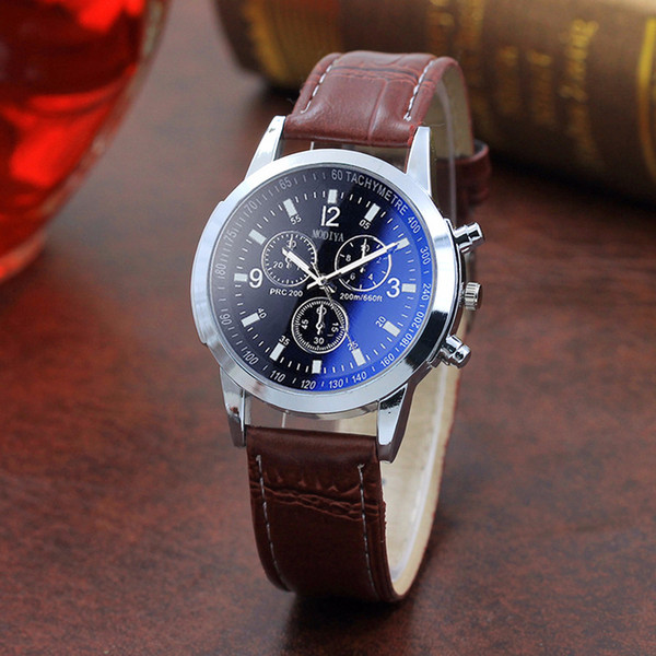 Men Watches Causal Blue Ray Glass PU Leather Belt Sport Quartz Hour Wrist Analog Student Watch relogio masculino