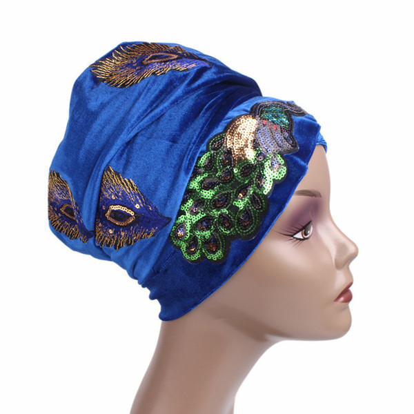 Turban Head Wraps Hijab Long Head Scarf Turbante Women Bandanas Velvet Sequined Peacock Embroidery Velvet Nigerian 6 colors hat