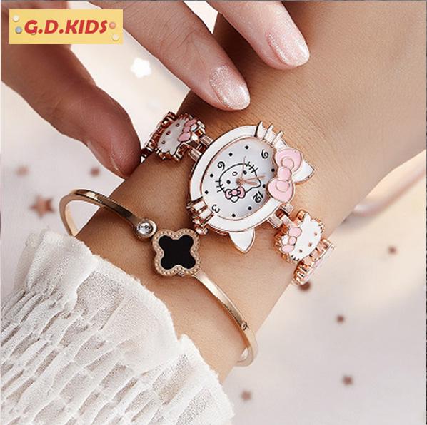 Hello kitty pink watch Drill Chain Girl kt cat cartoon best lovely gift for lady fashion Bracelet dress quartz watch diamond