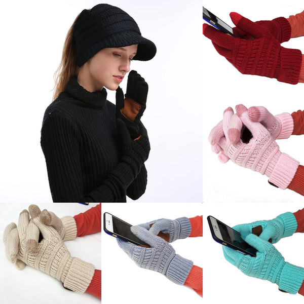 Woolen Knitted Gloves 16 Colors Letter Touch Screen Gloves Winter Knitted Fashion Stretch Warm Full Finger Mittens Girls Gloves LJJO7346