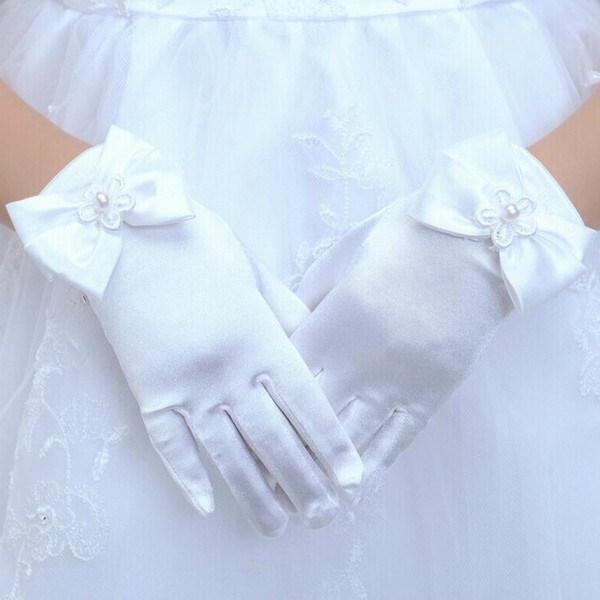 Lovely Elastic Girl Etiquette Performance Gloves Satin Pearl Flower Lace Bow Gloves Short Children Princess Dance Glove