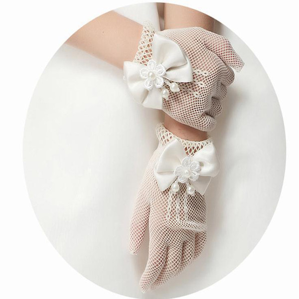 1 Pair Girls Kids White Lace Faux Pearl Fishnet Gloves Flower Girl Bride Party Ceremony Accessories