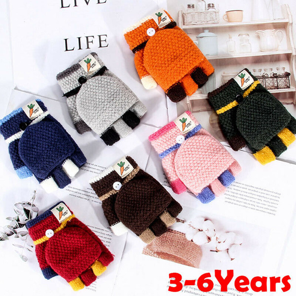 2020 Winter Kid Warm Gloves Primary School Cashmere Knit Flip Cover Half Finger Cartoon Mittens For Children Boys Girls 3-6Years