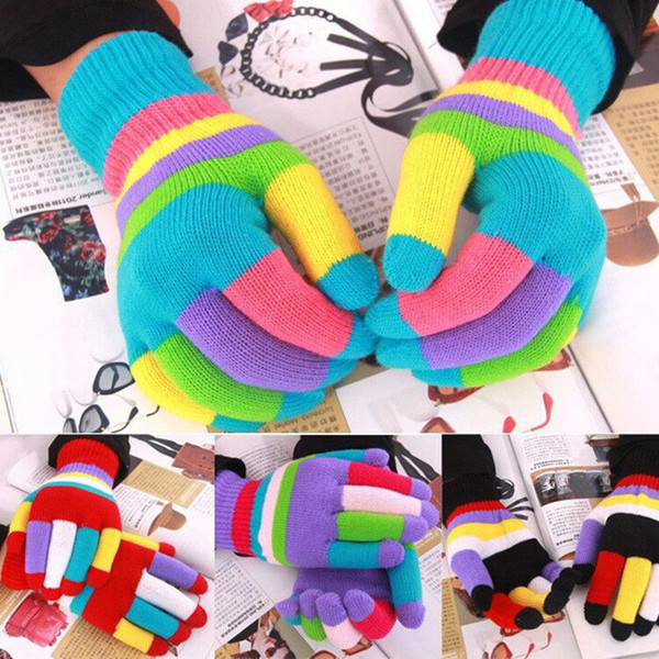 INS Baby Boys Girls Gloves Colorful Winter Warm Knitted Gloves Autumn Stripe Multicolor Fashion Candy Finger Gloves