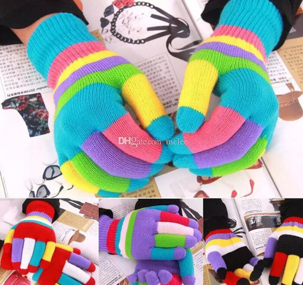 INS Winter Xmas Boys Girls Multicolor Rainbow Knitted Gloves Cute Children Colorful Stripe Finger Gloves Kids Warm Berlin Gloves