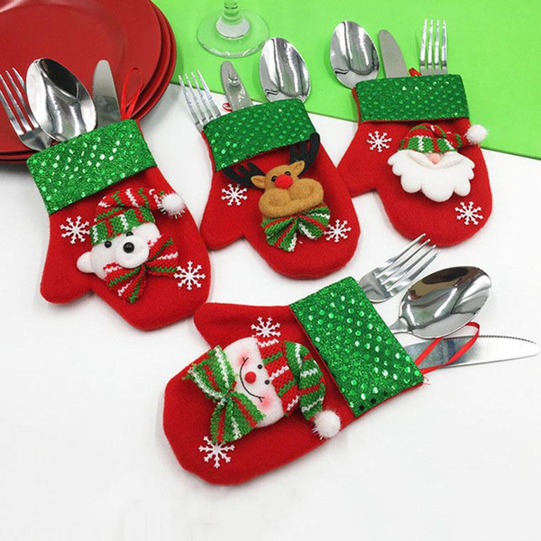 1PCS Christmas Decoration Cutlery Gloves Shape Christmas knife and fork cover 9*16cm Candy Bags santa claus snowman Doll Gloves