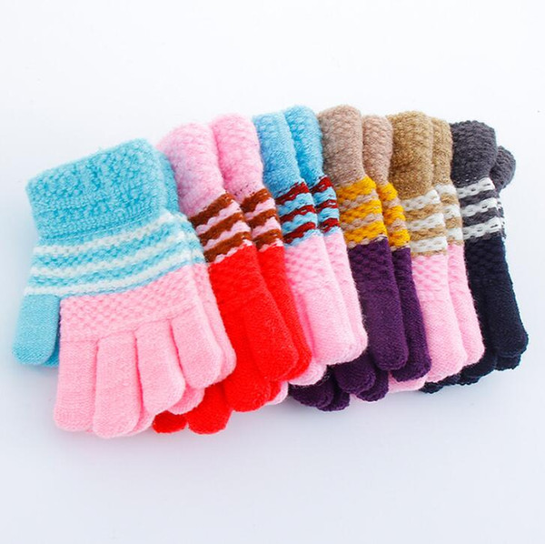 Children Warm Stretch Gloves Winter Knitted Stripe Magic Gloves for 7-12 Boys or Girls free shipping