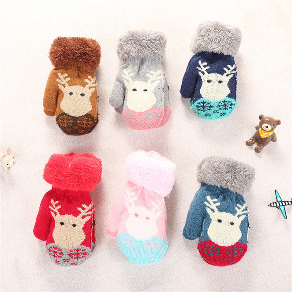 Cute Winter Christmas Warm Baby Gloves Full Finger Wool Mittens Knitted Fleece Thickened Children Boy Girl Glove with Rope