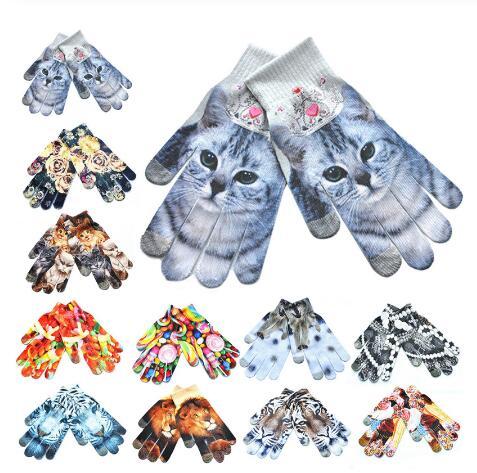 Women Fashion Gloves Adult 3D Animal Print Wrist Gloves Winter Warm Touch Screen Gloves Full Finger Xmas Mitten Gift Accessories