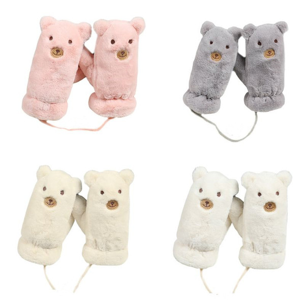 Baby Boys Girls Winter Plush Full Finger Gloves with String Cute Bear Embroidery Thicken Lining Windproof Warmer Children Mitten