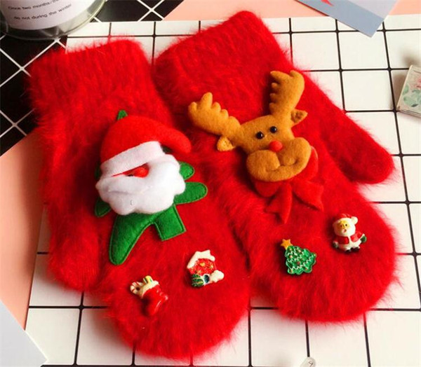 Christmas rabbit fur gloves Double thickening Santa Claus Mittens Fashion Accessories Lovely warm Reindeer pattern gloves