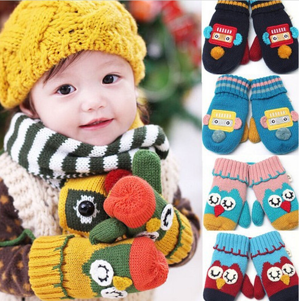 Free Shipping 2014 Children Winter Knitted Gloves Kid Glove Wool Warm Lovely Owl Robot Mittens Glove For Boys Girls 2-7Years Old