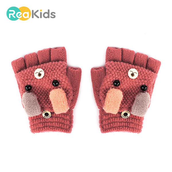 REAKIDS New Cartoon Baby Flap Gloves Knitted Cute Kids Mitten Lovely Children Warm Gloves Winter Flap Mittens For Girls Boys