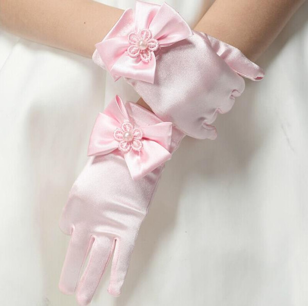 2016 Kids Winter Fingerless Gloves With Bow Lace Pearl Satin Bridal Gloves Pageant Princess Flower Girl Wedding Glove Free Shipping In Stock