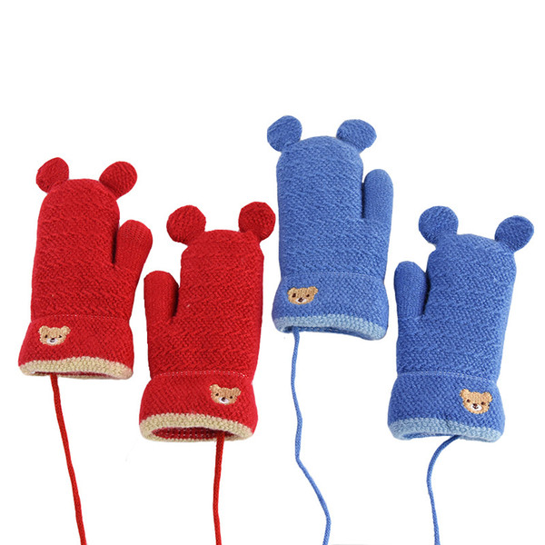 Children's Gloves Autumn And Winter Girl Warm Plus Velvet Cartoon Bear Bag Finger Set Boy Baby Finger Lanyard Gloves