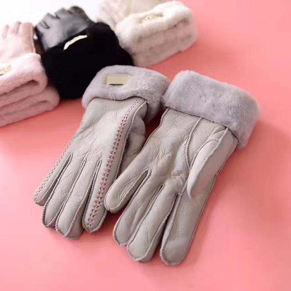 adult Winter Outdoor Warm UG Gloves Brand Designer glove Women Men Fur Leather Five Fingers gloves Solid Color Mitten womens mens gift