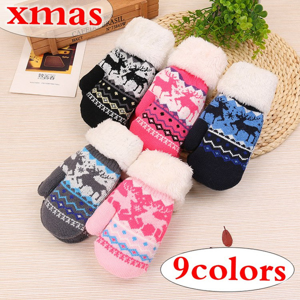 XMAS Christmas Kids Unisex Winter Thickened Plush Lined Full Finger Gloves Cute Christmas Printed Candy Color Mittens Wrist Warmer 3-12T