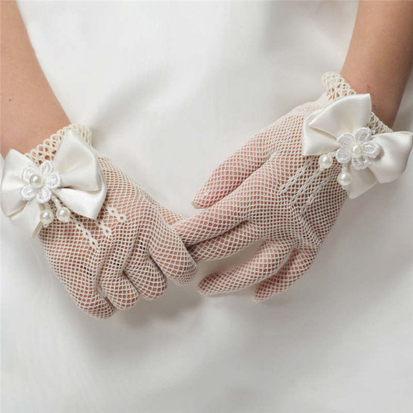 New Girls Gloves Cream and White Lace Pearl Fishnet Communion Flower Girl Party and Wedding Gloves