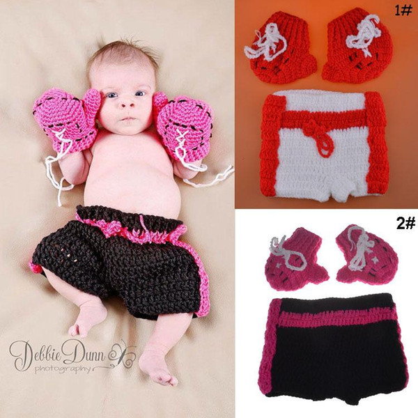 Fashion Newborn Cute Baby Photo Props Handmade Knitted Boxing Gloves and Pant Set Cartoon Infant Phography Shoot Accessory PZ062