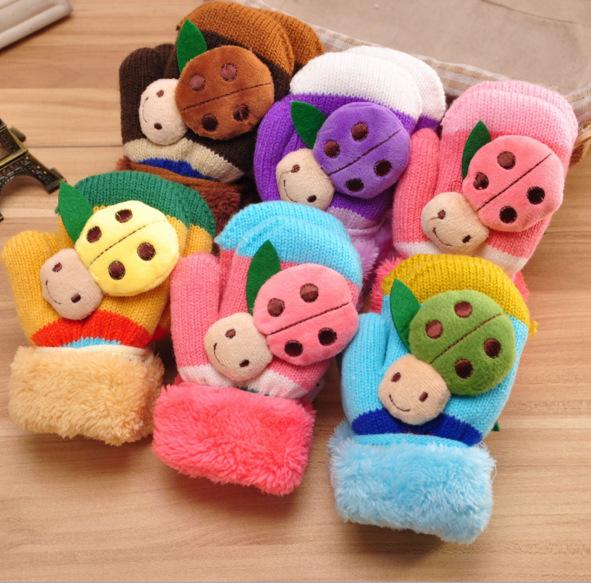 Children's Gloves Winter New Plushing and Thickening Beetle Baby and Male Hanging Rope Wool Gloves