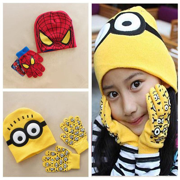 Autumn Winter Girls Boys Hat Set Cartoon Spider Man Warm Cap knitted Hat Gloves Children Hat Sets