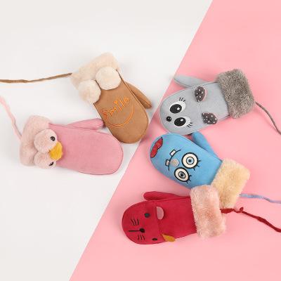 Children Warm Soft Cute Thick Cartoon Suede Gloves for Boys and Girls with Fingers Hanging Neck Rope Bag in Winter