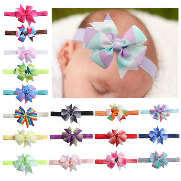 18 Colors Gradient Thread Bow Hair Band Baby Bow Headband Hair Clip Rainbow Girl Hair Accessories HKY798