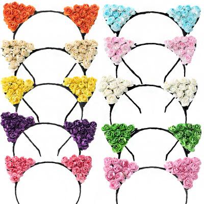 2018 White Rose Flower Cat Ears Hairbands Girls Flower Headband Kids Handmade Paper Floral Hair Bands