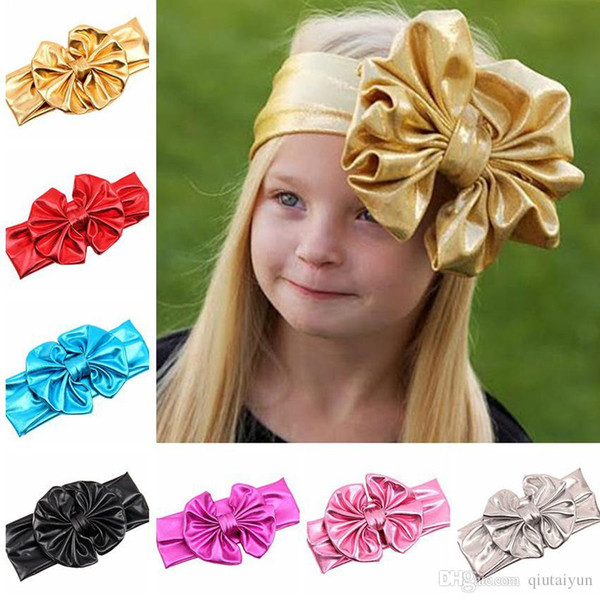 Shiny leather bow headband for children baby girls big elastic metal color head wraps turban bands bandana headband hair accessories B268-6